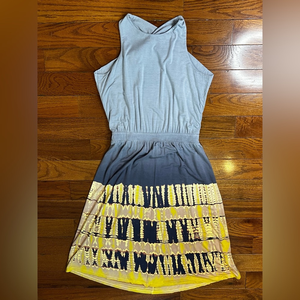 Gypsy 05 Bohemian Grey & Yellow Tie Dye Halter Empire Waist Dress Small Preowned